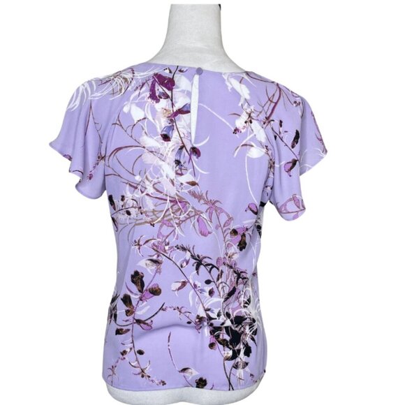 Worthington Women's Floral Round Neck Flutter Sleeves Purple Top Shirt PS - Picture 2 of 5